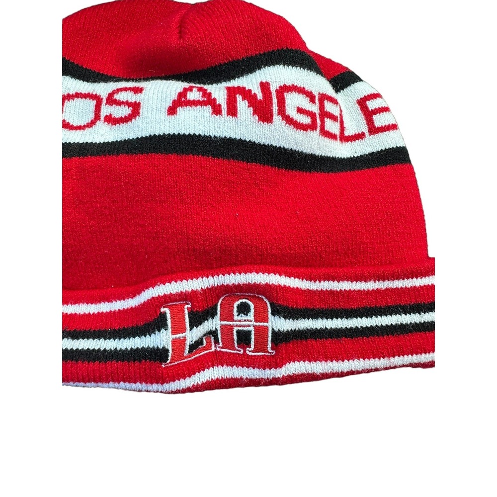 Los Angeles Beanie Adult‎ One Size Red Stripe Knit Embroidered Stretch Acrylic
